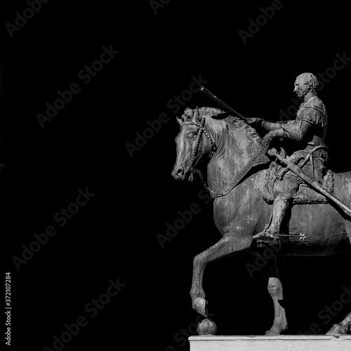 Gattamelata bronze equestrian statue, in the historic center of Padua, erected by the famous renaissance artist Donatello in 1453 (Black and White with copy space)