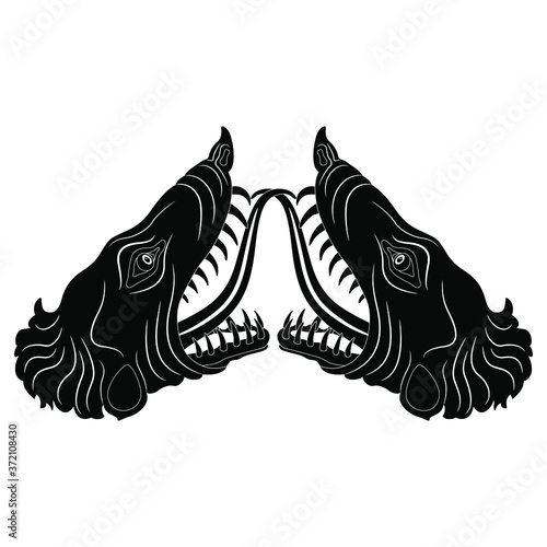 Symmetrical decor with heads of two fantastic monster beasts. Dragons with open mouth and long protruded tongues. Black and white silhouette.