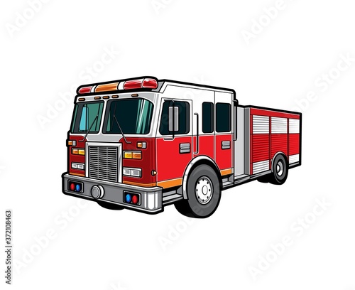 Fire engine truck or firetruck car vector icon  firefighter vehicle. Firefighting lorry  fireman emergency rescue  transport  side front view flat car with classic siren alarm and water tank hose