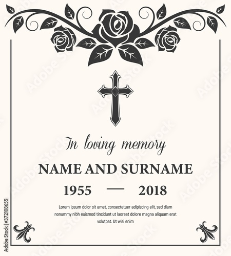 Funeral card vector template, condolence flower ornament with cross, name, birth and death dates. Obituary memorial, gravestone engraving with fleur de lis symbols in corners, vintage funeral card