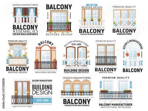 Windows and balconies vector icons. House exterior or interior, apartment building architecture design elements. Home facade balconies with windows, doors and railings, balustrades with flower pots