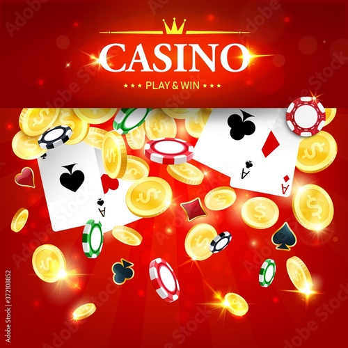 Casino poker win vector jackpot, four aces cards, playing chips and gold coins falling down on red sparkling background with golden typography. Gambling games poster with realistic 3d casino stuff