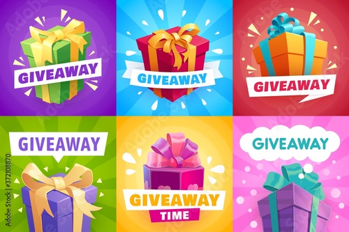 Giveaway gifts, give away competition banners and contest winner, vector posters. Giveaway free prize and gift boxes with ribbons, quiz and social give away promo award, gifts with golden ribbons