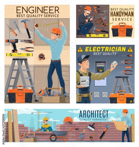 Builder engineer and architect, electrician worker and home repair service, vector. Architect and builder mason, at construction and building, house renovation handyman and electric repairman tools