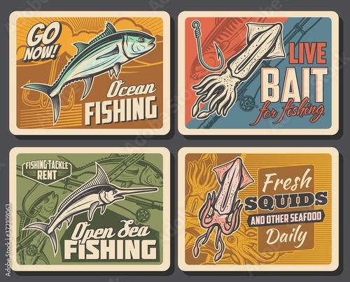 Marlin, tuna fish and squid vector retro posters, seafood production, underwater animals. Fishing club tournament, fisherman equipment, tackles, fish hooks and bait. Sport competition outdoor activity