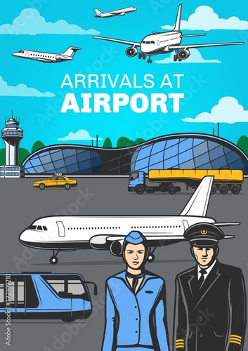 Aviation, airport with airplanes and aircrew vector poster. Pilot and flight attendant of passenger airlines. Aircraft crew captain and stewardess in uniform and airplanes in blue sky, air travel