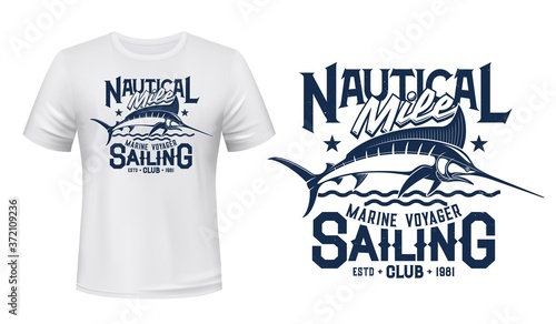 T-shirt print with marlin fish, vector mascot for sailing or fishing club. Sea creature on blue waves and Marine Voyager typography on white apparel mockup. Ocean adventure sport team t-shirt template
