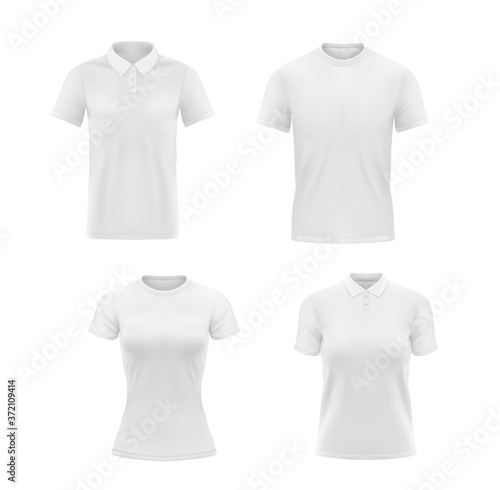 White tshirts, polo shirts for men or women vector mockup. T shirts with short sleeves round neck and collar template front view. Blank apparel design, sportswear, casual clothing realistic 3d mock up