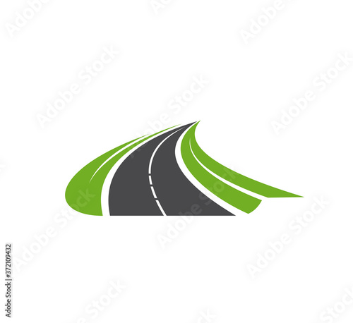 Road, pathway, highway vector icon. Travel or transportation service, navigation symbol, driveway element. Paved road running through green fields with grassy roadside isolated on white background