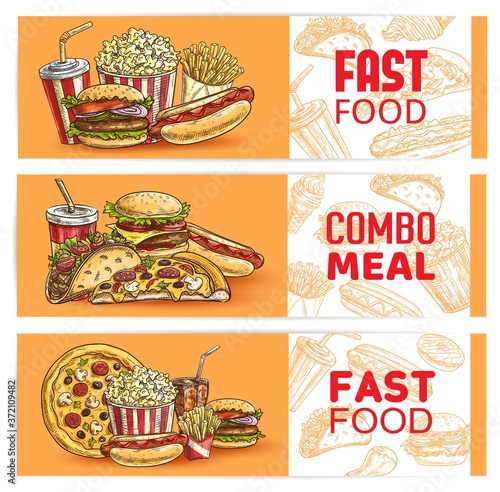 Fast food banners sketch burgers sandwiches, pizza, hot dogs and fries. Food court fastfood menu cheeseburger, popcorn and tacos with ketchup and mustard, soda and coffee drinks