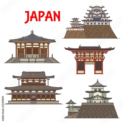 Japanese temples, shrines and pagodas of Japan in Osaka, Iga and Himeji, vector architecture landmarks. Shitenno-ji Buddhist temple, White Heron or Himeji castle and Iga Ueno or Hakuho castle