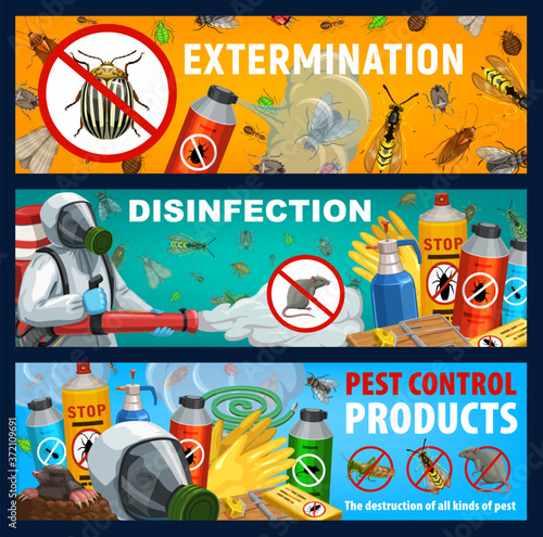 Disinsection vector banners, insect and rats control repellent products. Exterminator spraying insecticide with cold fogger against insects and rodents. Pest extermination, deratization toxic remedy
