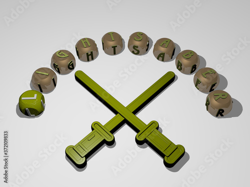 LIGHTSABER 3D icon surrounded by the text of cubic letters, 3D illustration