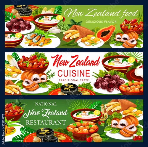 New Zeland cuisine vector pork with apples and prunes, afghan cookies, Pavlova cake, mussels with cheese, oyster soup, steak, fish and potatoes, roast lamb with chutney, pork with vegetables banners