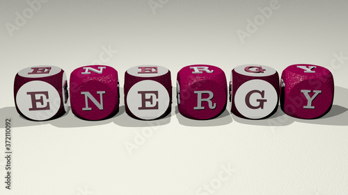 ENERGY text by dancing dice letters, 3D illustration for background and abstract