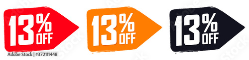 Set Sale 13% off banners, discount tags design template, extra promo, brush grunge, app icons, vector illustration