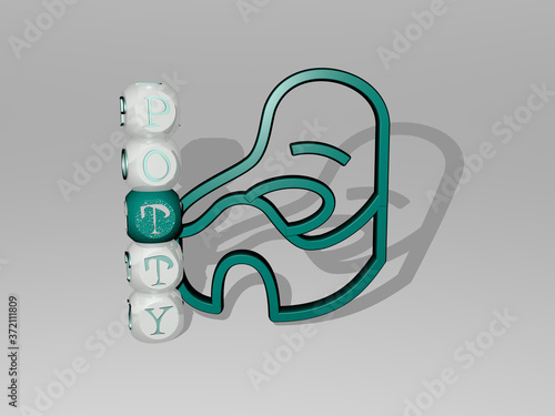 3D representation of potty with icon on the wall and text arranged by metallic cubic letters on a mirror floor for concept meaning and slideshow presentation for baby and illustration