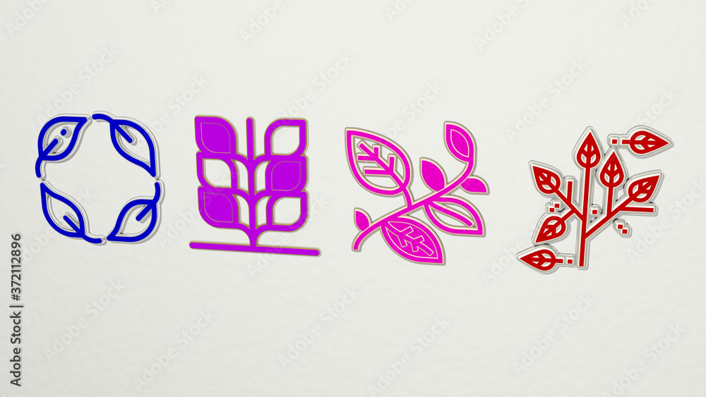 LEAVES 4 icons set, 3D illustration for background and green LEAVES 4 icons set, 3D illustration for background and green