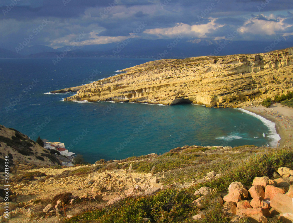 Matala Bay aerial view, Crete, Greece