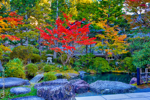 Japanese Religious Heritage. Seasonal Red Maples and Pond With Lantern on Sacred Mount Koyasan in Japan.
