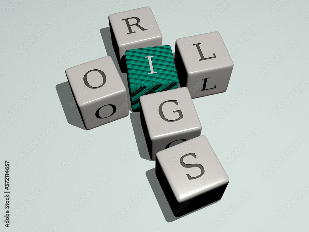OIL RIGS crossword by cubic dice letters, 3D illustration for background and abstract OIL RIGS crossword by cubic dice letters, 3D illustration for background and abstract