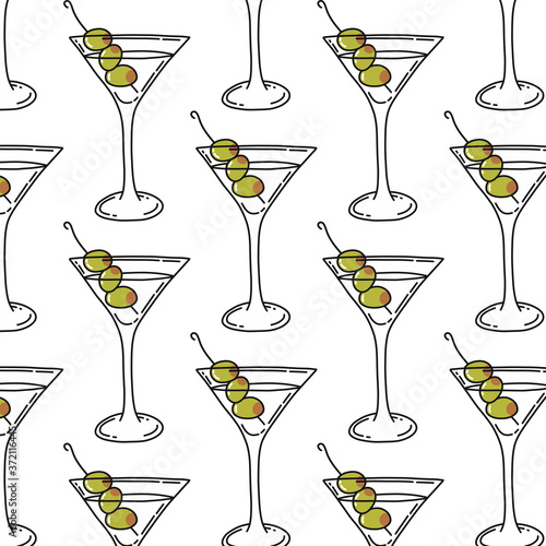 martini cocktail seamless doodle pattern, vector color illustration