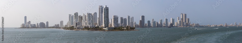 Panoramic view of the harbour and new town as seen from the sea, Cartagena, Colombia Panoramic view of the harbour and new town as seen from the sea, Cartagena, Colombia