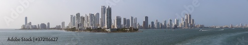 Panoramic view of the harbour and new town as seen from the sea, Cartagena, Colombia