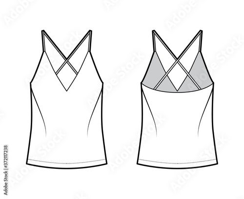 Camisole technical fashion illustration with flattering V-neck, straps, relaxed fit, tunic length. Flat outwear tank apparel template front, back, white color. Women, men unisex shirt top CAD mockup