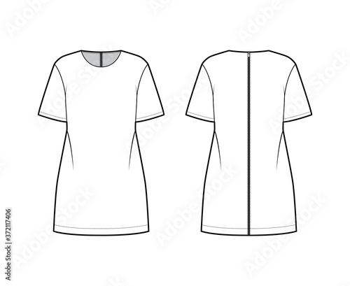 Back zip-up oversized dress technical fashion illustration with round neck, elbow sleeves, above-the-knee length. Flat apparel tunic template front, back, white color. Women, men, unisex CAD mockup