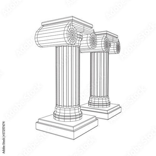 Greek ionic column. Ancient pillars roman antique architecture construction decoration. Wireframe low poly mesh vector illustration.