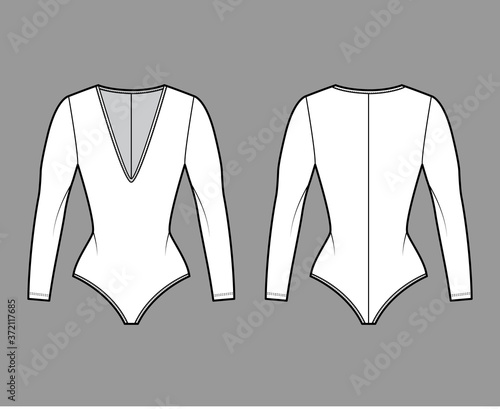 Stretch-jersey bodysuit technical fashion illustration with plunging V-neckline, sculpting fit, long sleeves. Flat one-piece apparel template front back white color. Women men unisex swimsuit CAD