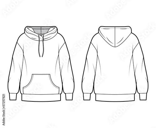 Oversized cotton-fleece hoodie technical fashion illustration with pocket, relaxed fit, long sleeves. Flat outwear jumper apparel template front back white color. Women, men, unisex sweatshirt top CAD