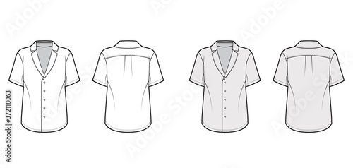 Pajama-style shirt technical fashion illustration with loose fit, pointed notch collar, front button fastenings, short sleeves. Flat apparel template front back white grey color. Women men unisex top