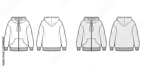 Zip-up oversized cotton-fleece hoodie technical fashion illustration with pocket, relaxed fit, long sleeves. Flat jumper template front, back, white, grey color. Women, men, unisex sweatshirt top CAD