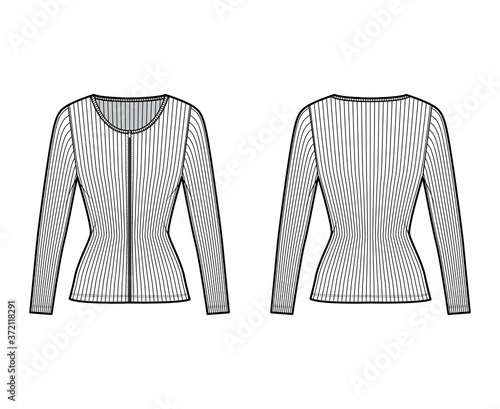 Zip-up ribbed cotton-jersey top technical fashion illustration with long sleeves, slim fit, scoop henley neckline. Flat outwear shirt apparel template front back white color. Women men unisex knit CAD