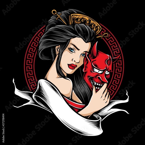 geisha holding oni mask vector