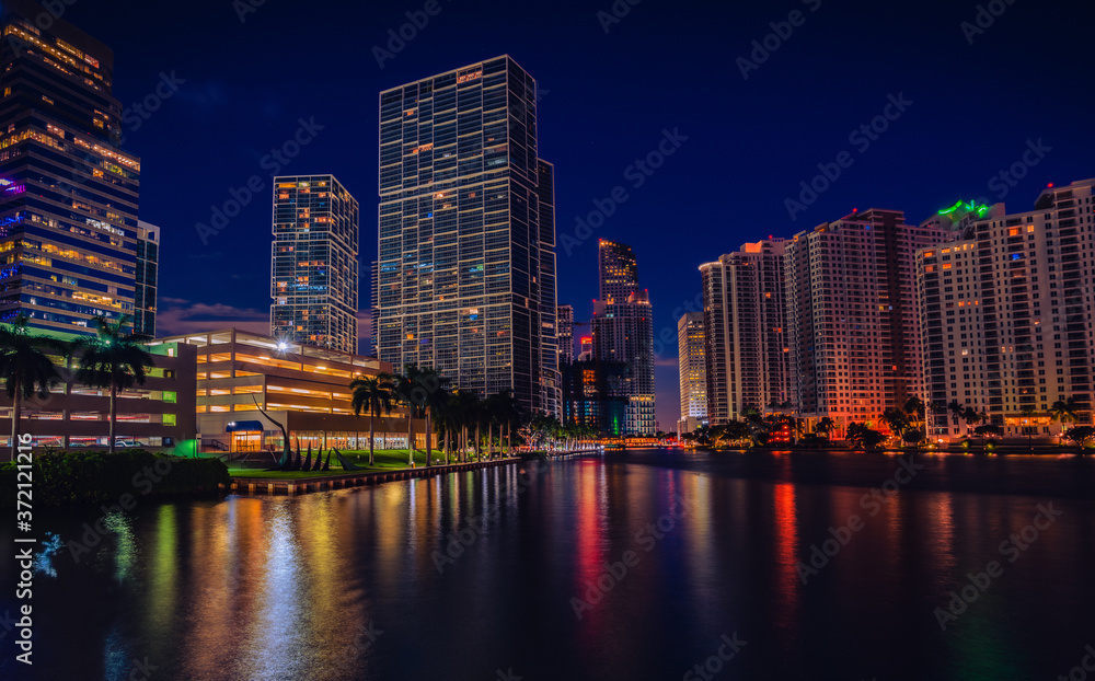 miami Brickell usa florida  skyline at night buildings sea reflections downtown 