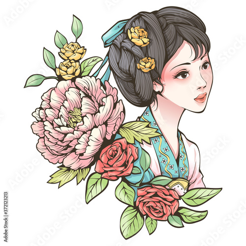 Vector illustration of portrait ancient chinese girl and flowers isolated on white background. This design for publication, decoration, pattern, and more.