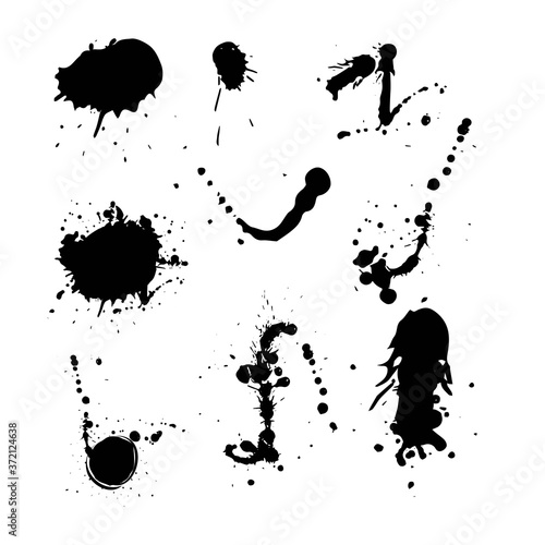Ink drops and splashes. Blotter spots  liquid paint drip drop splash and ink splatter. Artistic dirty grunge abstract spot vector set. Illustration monochrome drip splash  splat messy inkblot
