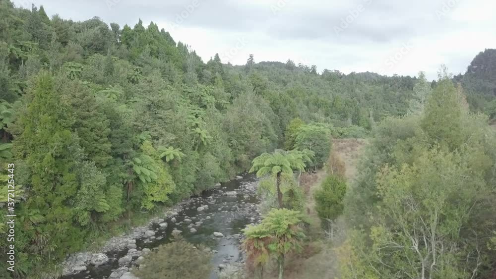 Forward drone shot of stony stream running through hilly forest in NZ Forward drone shot of stony stream running through hilly forest in NZ