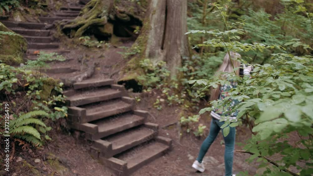Slow motion orbit shot of a female photographer taking photos of the forest in Vancouver Lynn valley Slow motion orbit shot of a female photographer taking photos of the forest in Vancouver Lynn valley
