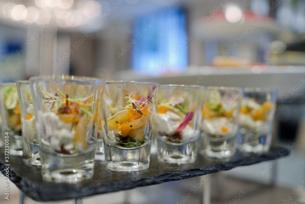 Glass shots  pastry, wedding catering food, mini canapes,  tasty dessert,  snacks and appetizers
