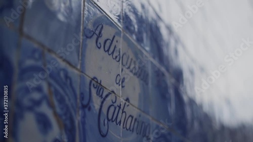 Porto Portugal, A wall of world famous Azulejos tiles in blues. Shallow focus