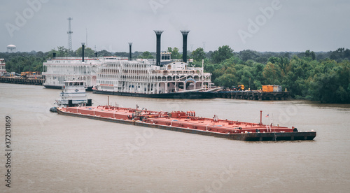 Canvas Barge in river, industrial and cargo transportation
