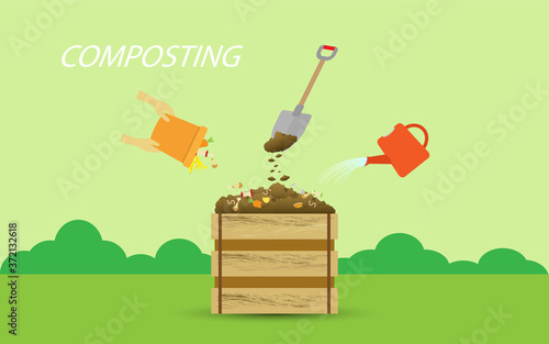 Compost illustration, compost bin  with organic waste illustration for waste composting,  waste recycling process concept for compost organic waste vector illustration. 