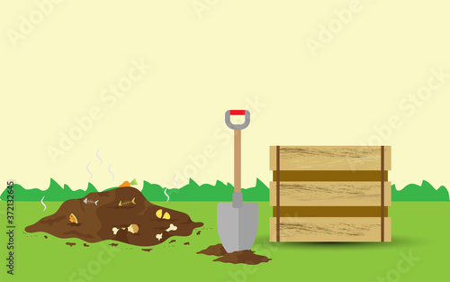 Compost illustration, compost bin  with organic waste illustration for waste composting,  waste recycling process concept for compost organic waste vector illustration. 