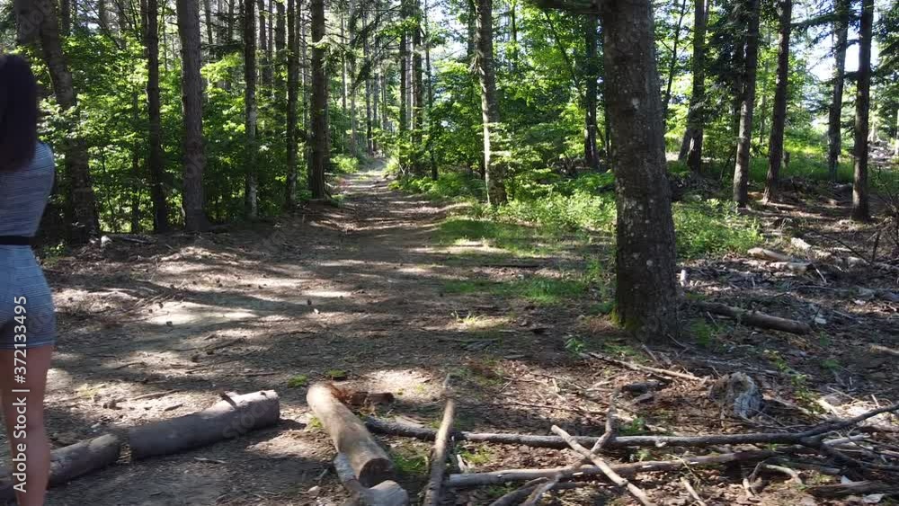 Young healthy caucasian girl firing a gun inside a magical forest on a sunny day, early summer. Secchieta, Vallombrosa, Tuscany Italy. Aerial drone shot.