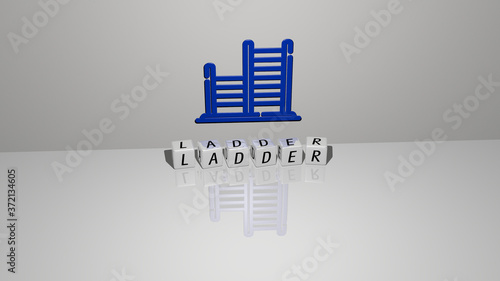ladder text of cubic dice letters on the floor and 3D icon on the wall, 3D illustration for background and concept
