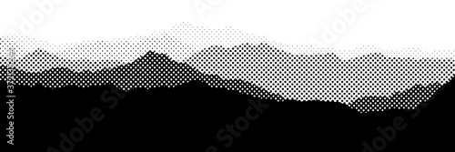 Vector halftone dots background, fading dot effect. Imitation of a mountain landscape, banner, shades of gray.